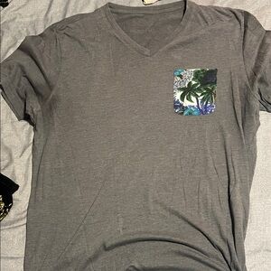 Charcoal V-Neck T-Shirt with Tropical Print Pocket